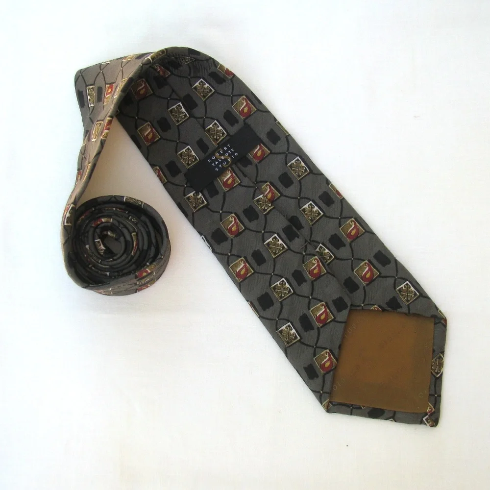 Robert Talbott Studio Mens Classic Silk Tie Grey Black Burgundy Gold Office
